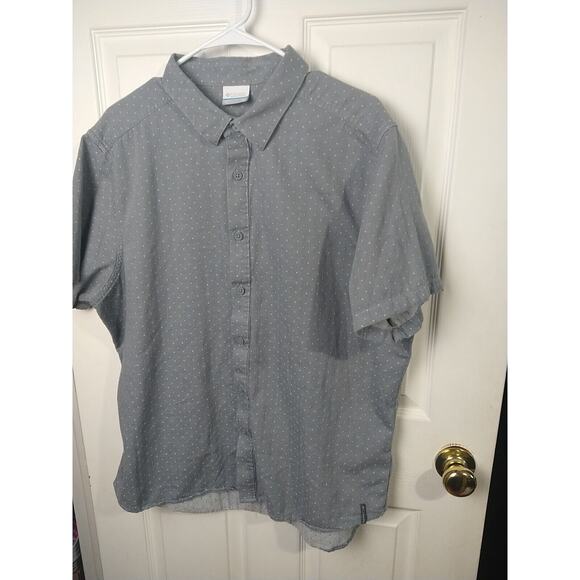 Columbia Men's XL Shirt Grey White Swiss Dot Collared Shirt Sleeve Button Front - Picture 2 of 8